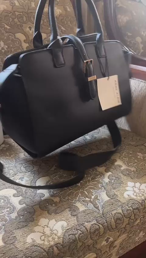 Anne Klein Sculpted Buckle with Convertible Strap Satchel Bag Black & Gold Anne Klein Sculpted Buckle with Convertible Strap Satchel Bag Black & Gold